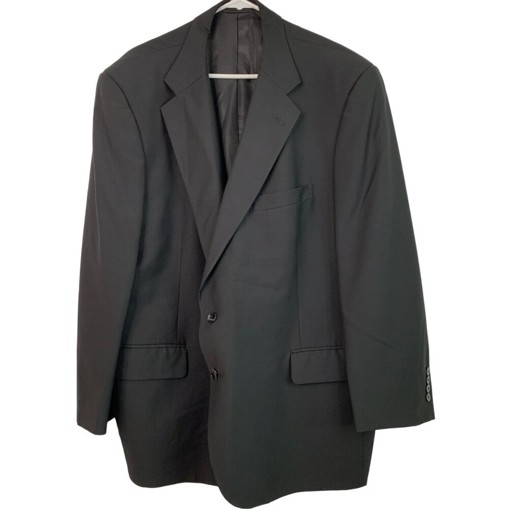 VTG Jet Black Tom James Hand Tailored Mens Suit Jacket Blazer 50R Worsted Wool